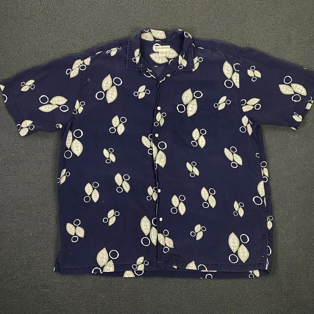 VTG Banana Republic Hawaiian Shirt Mens XL Blue Camp Loop Collar Rayon Aloha